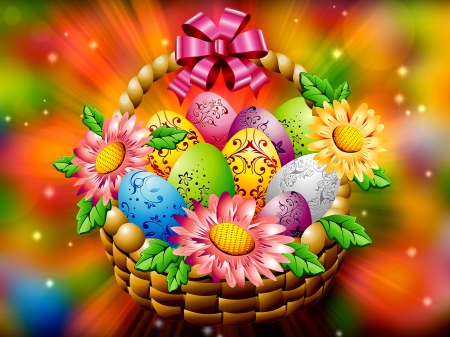 Happy Easter! - background, easter, colorful, basket, spring, eggs, pretty, beautiful, photoshop, holiday, flowers, happy