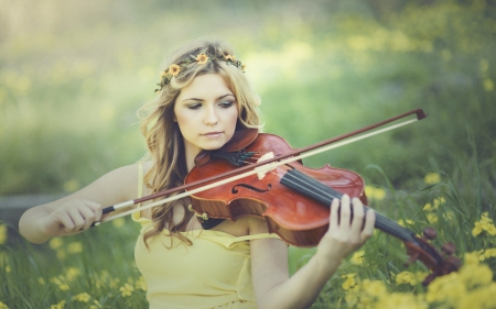 Violin Girl - violin, beautiful, girl, blonde, beauty, hair, playing, outside, flowers, music, instrument, nature