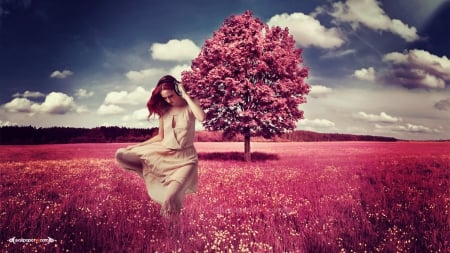 Music heals the empty heart - woman, music, field, trees