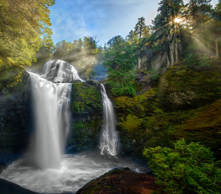 Falls Creek Falls - trees, beautiful, sunbeams, blue sky, moss, sunrise, forest, river, Washington