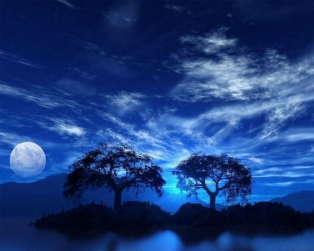 Blue sky - moon, sky, trees, shadow