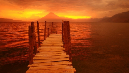 old wooden dock in guatemala at sunset - sunset, wood, dock, mountains, bay