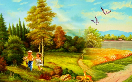 Playful day - children, painting, birds, art