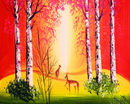 Red forest - red, trees, deer, art