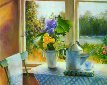 New Day - flowers, window, painting, art