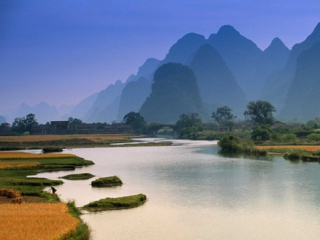 Nature River - river, trees, water, mountain, sky