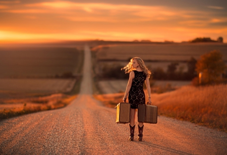 Traveler - woman, traveler, road, blonde