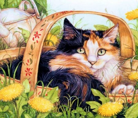 Kitty in Springtime - blossoms, cat, artwork, flowers, basket