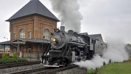 wonderful steam locomotive leaving a station - train, station, locomotive, track, steam