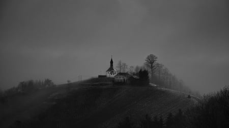 magical rural hilltop church in grayscale - fields, hill, grayscale, rural, church, fog