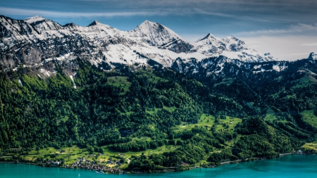 wonderful lakeside alpine village - village, lake, mountains, snowmforest