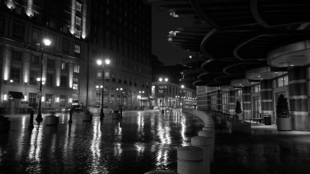 rainy night on a cobblestone street - street, lights, rain, cobblestones, black and white, city, night