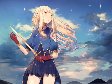 Stars! - nice, beauty, sky, female, anime girl, glowing, pretty, blonde hair, dark, game, clouds, anime, sword, mision comi, cute, yellow eyes, stars, skirt, girl, day, long hair, night, gloves, beautiful, weapon, sweet, uniform, neautiful, dress, lights