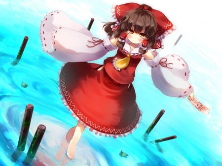 Walking On Water - touhou, bow, anime, water, barefoot, hakurei reimu, japanese clothes, brown hair