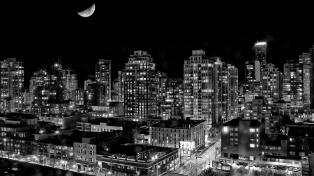 moon over vancouver hdr - moon, streets, hdr, skyscrapers, black and white, city, night