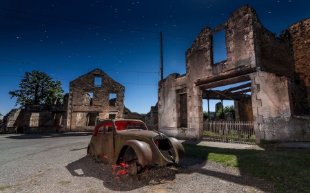 urban decay under the stars - stars, ruins, town, car