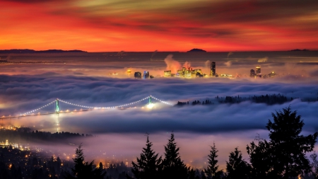 wondrous vancouver bridge in fog hdr - city, fog, sunset, hdr, bridge