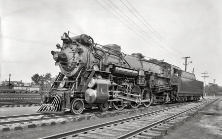 vintage locomotive - train, grayscale, locomotive, vintage, tracks