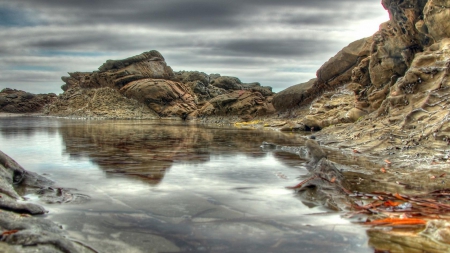 rocky shore hdr - clouds, cove, shore, hdr, sea, rocks