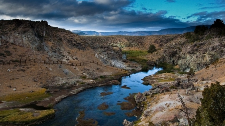 morning on a mountain creek - rocks, morning, fence, clouds, creek, hills