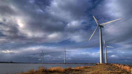 mighty windmills - clouds, windmills, turbines, shore, sea