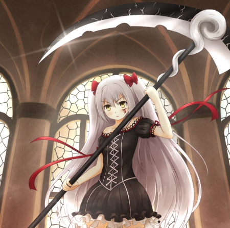 Death Scythe - anime, female, dress, mad, long hair, e pretty, weapon, scythe, gown, anime girl, beautiful, hot, girl, beauty, lovely, sweet, angry, sinister, nic, sexy