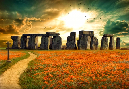 Rendez-vous - sky, field, meadow, path, rocks, amazing, clouds, scene, morning, stonehenge, ancient, england, lovely, photoshop, beautiful, rendez-vous, stones, flowers, wildflowers