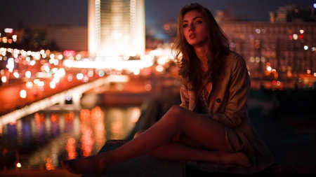 Girl sits on the roof - girl, city, lighting, wait