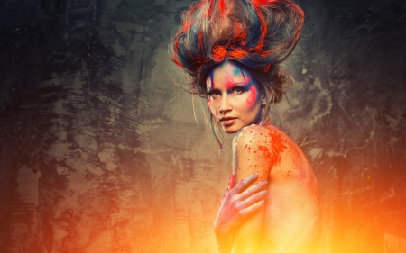 ♥ - easter, woman, fire, red, model, girl, orange, painted