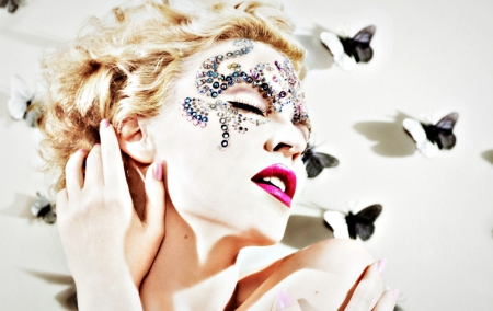 Kylie Minogue - face, make-up, pink, blonde, girl, white, kylie minogue, butterfly, singer, music, glitter, woman