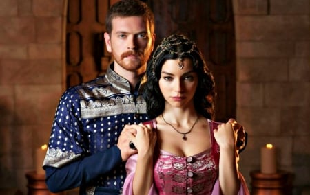 Magnificent Century (2011-) - selim, actor, Nurbanu Sultan, blue, sultan, Engin Ozturk, girl, Magnificent Century, beauty, pink, man, actress, Merve Bolugur, prince, woman