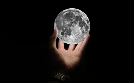 The Moon for you! - moon, light, hand, planet, black, fantasy