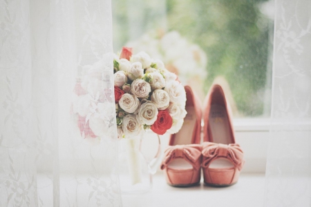 Wedding Bride - wedding bride, window, roses, bouquet, shoes