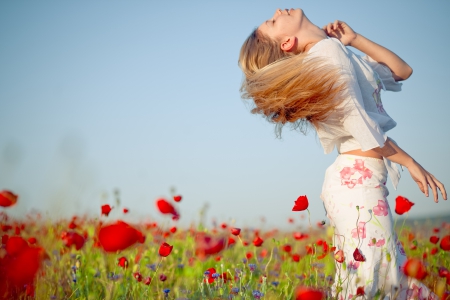 Feel the Nature ♥ - breeze, poppies, beautiful, photography, girl, beauty, flower, woman, blond, field, sky