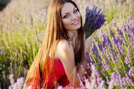 Happy Girl â™¥ - woman, beauty, girl, photography, bouquet, field, nature, beautiful, brunette, smile, happy, lavender