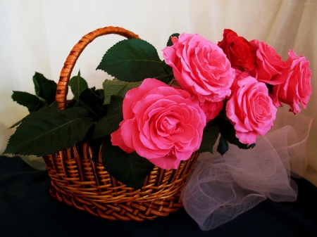 Flower Basket - leaves, blossoms, roses, pink