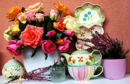 Still Life - roses, tea, bouquet, porcelain, vase