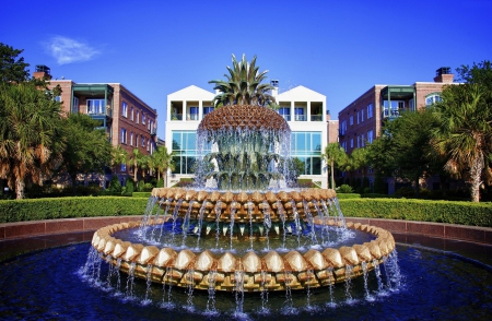 Pineapple Fountain - house, trees, water, photography, houses