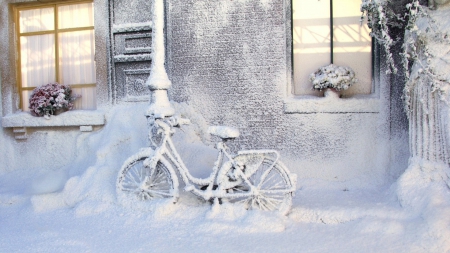 bicycle after a snow storm - winter, bicycle, house, snow