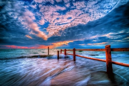 Cascading Clouds - sky, water, fence, sunset, colors, hdr