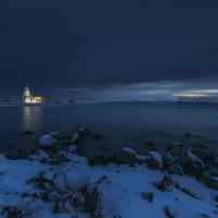 seaside church on a winter evening