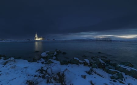 seaside church on a winter evening - seaside, evening, church, light, winter