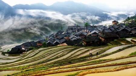 spectacular xijiang miao village in china - village, terraces, clouds, fields, mpountains