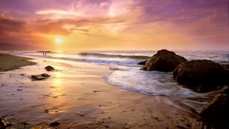 sunset over zuma beach in california - clouds, sunset, beach, sea, colors, rocks