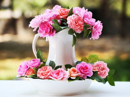 Floral Still Life - flowers, roses, arrangement, can, bouquet, pink