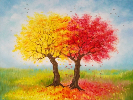 United Trees - Trees, Red, Yellow, Nature, Together