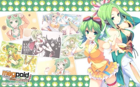 Megpoid The Music - anime, vocaloid, goggles, skirt, green eyes, green hair, girls, short hair, gumi, colorful, headphones, friends