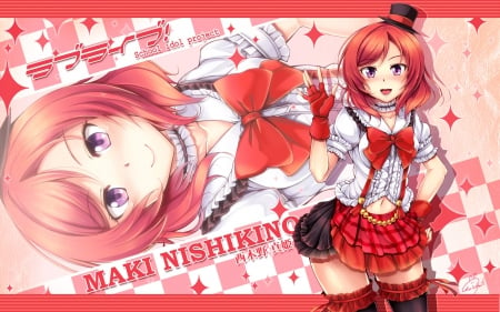 ~Nishikino Maki~ - hat, choker, anime, thighhighs, blush, purple eyes, red hair, love live school idol project, bow, nishikino maki, gloves