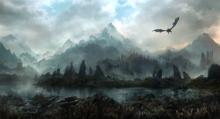 Skyrim - dragon, mountain, clouds, day