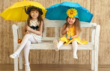 ♥ - girls, pretty, cute, bench, adorable, children, sweet, umbrellas